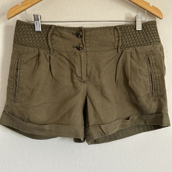 Ann Taylor LOFT Linen Shorts Army Green Woven Waist Dress Shorts Sz 8 - Picture 1 of 13